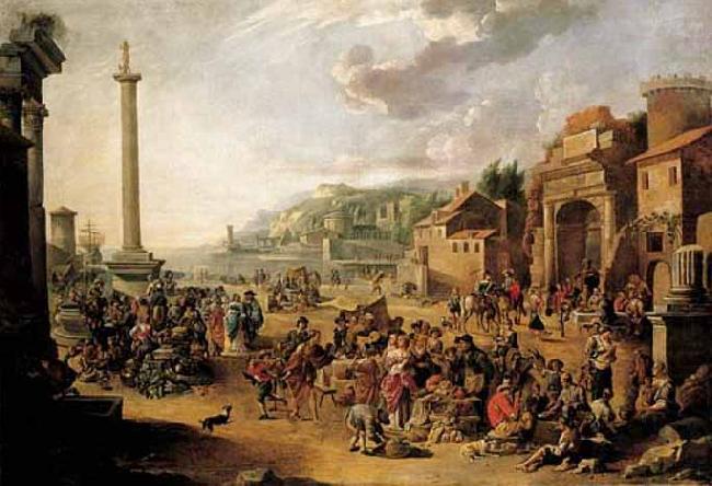 GRAFF, Anton A market in an Italianate harbour with Diogenes in search of an honest man china oil painting image